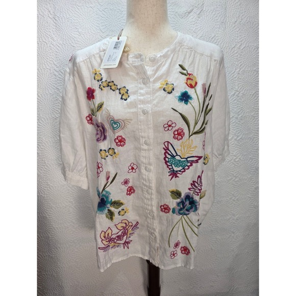 Johnny Was Tops - Johnny Was Jessi Blouse Women Size M White NWT Embroidered Linen Shirred Yoke